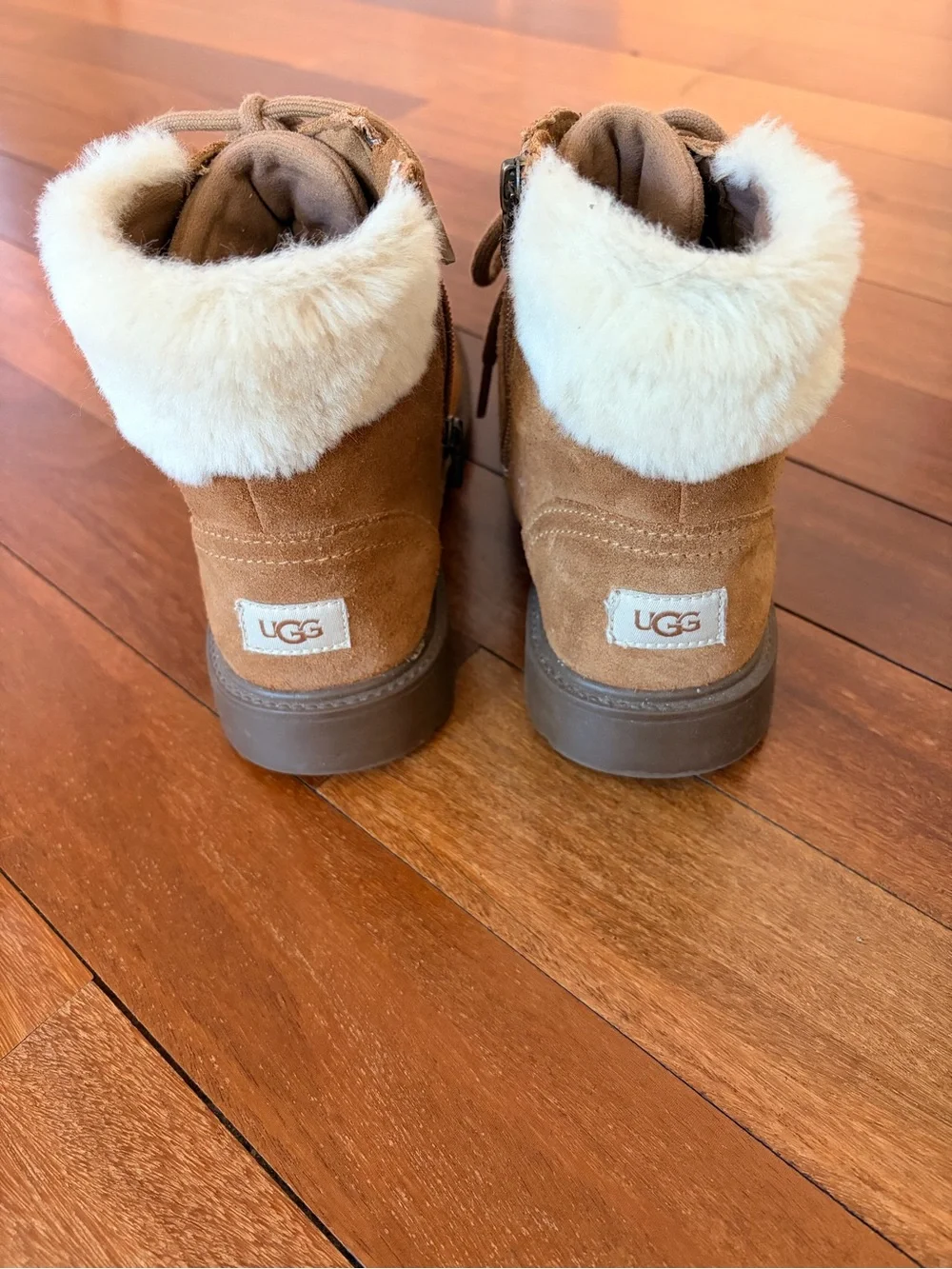 UGG Kids Tan Suede Faux-Fur Collar Lace-Up Boots